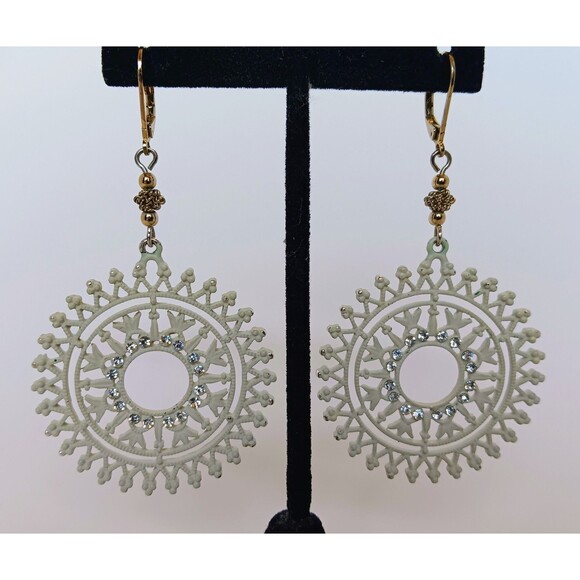 Handmade Enameled Goldtone Crystal Filagree Sunburst Statement Earrings 3 in - Picture 2 of 11